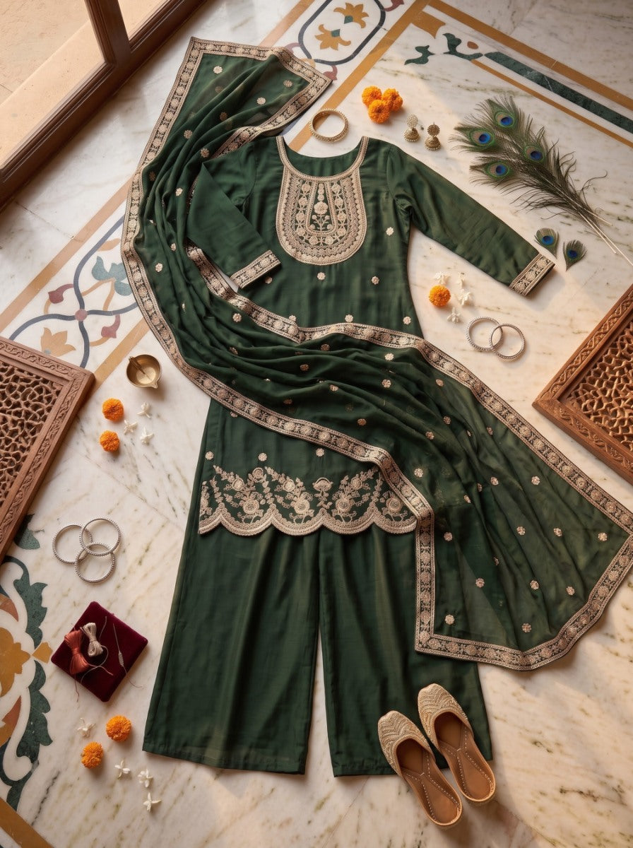 Pure Silk Kurta with Plazo & Dupatta | Woomenza Indian Outfit