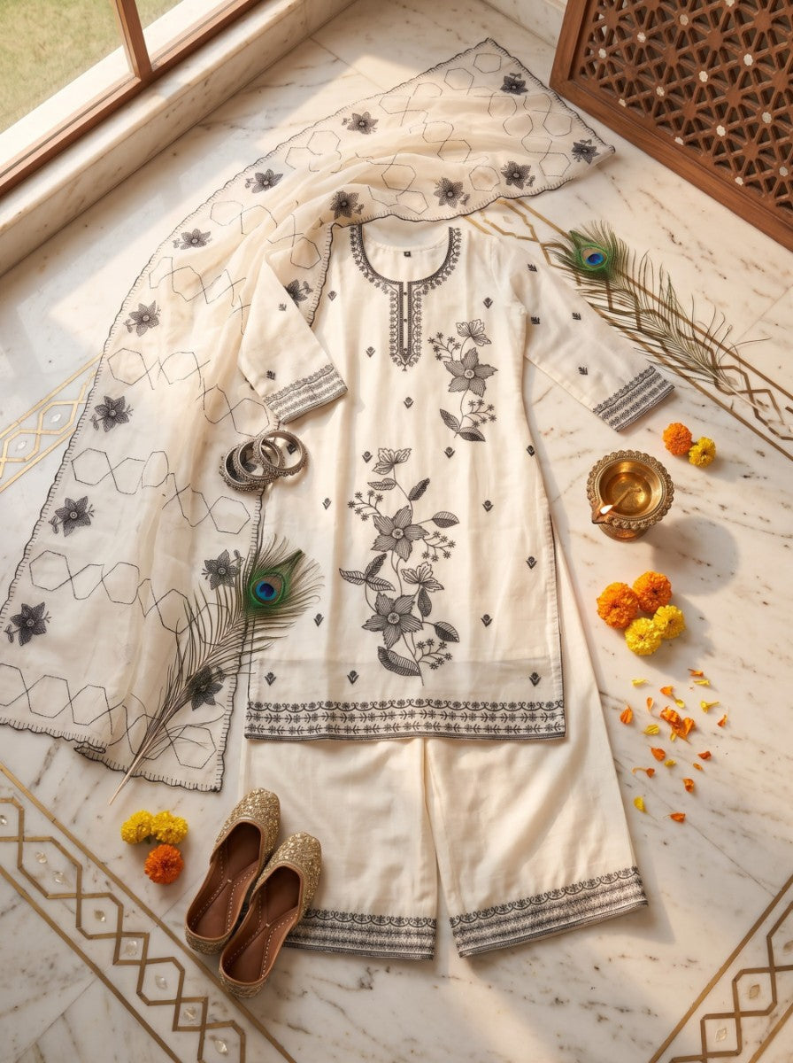 Pure Silk Kurta with Plazo & Dupatta | Woomenza Indian Outfit