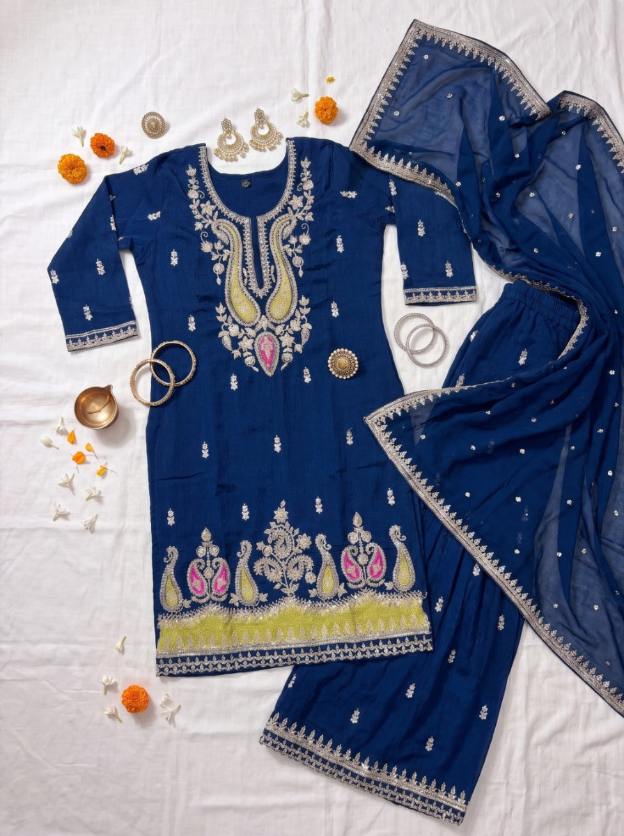 Pure Silk Kurta with Plazo & Dupatta | Woomenza Indian Outfit