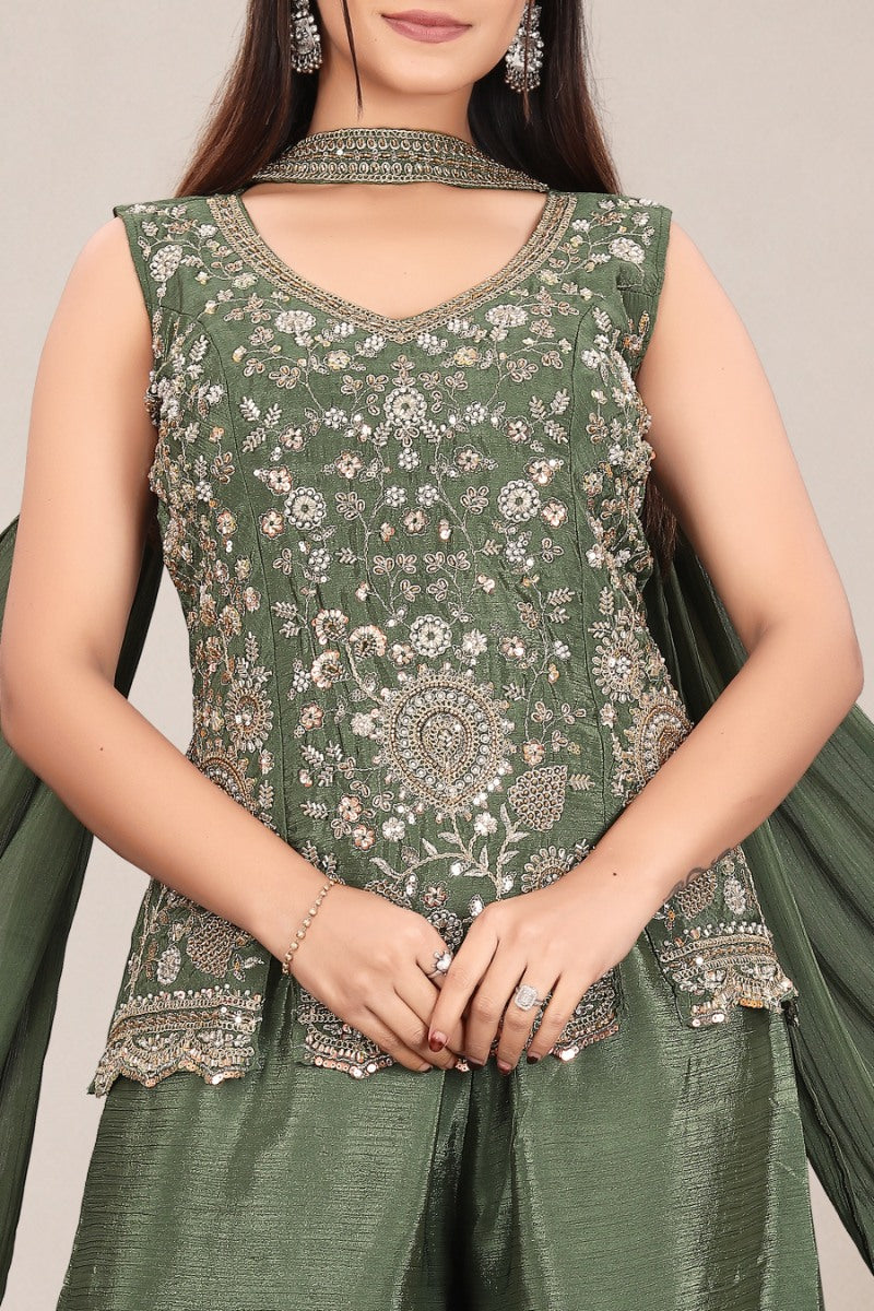 Olive Green hand work with Embroidered work Sleeveless Peplum Top with Matching Palazzo Pants and Draped Dupatta