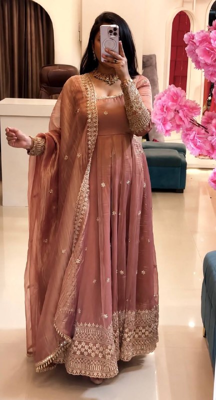 Embroidered Anarkali gown with matching dupatta.