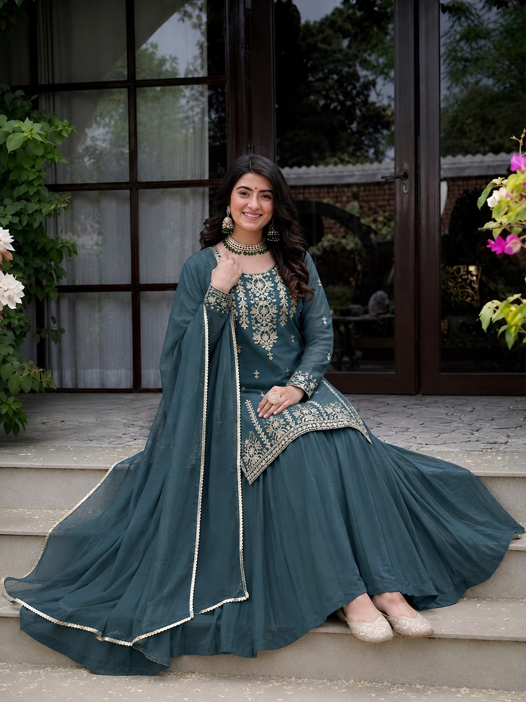 Elegant embroidered teal ethnic lehenga suit