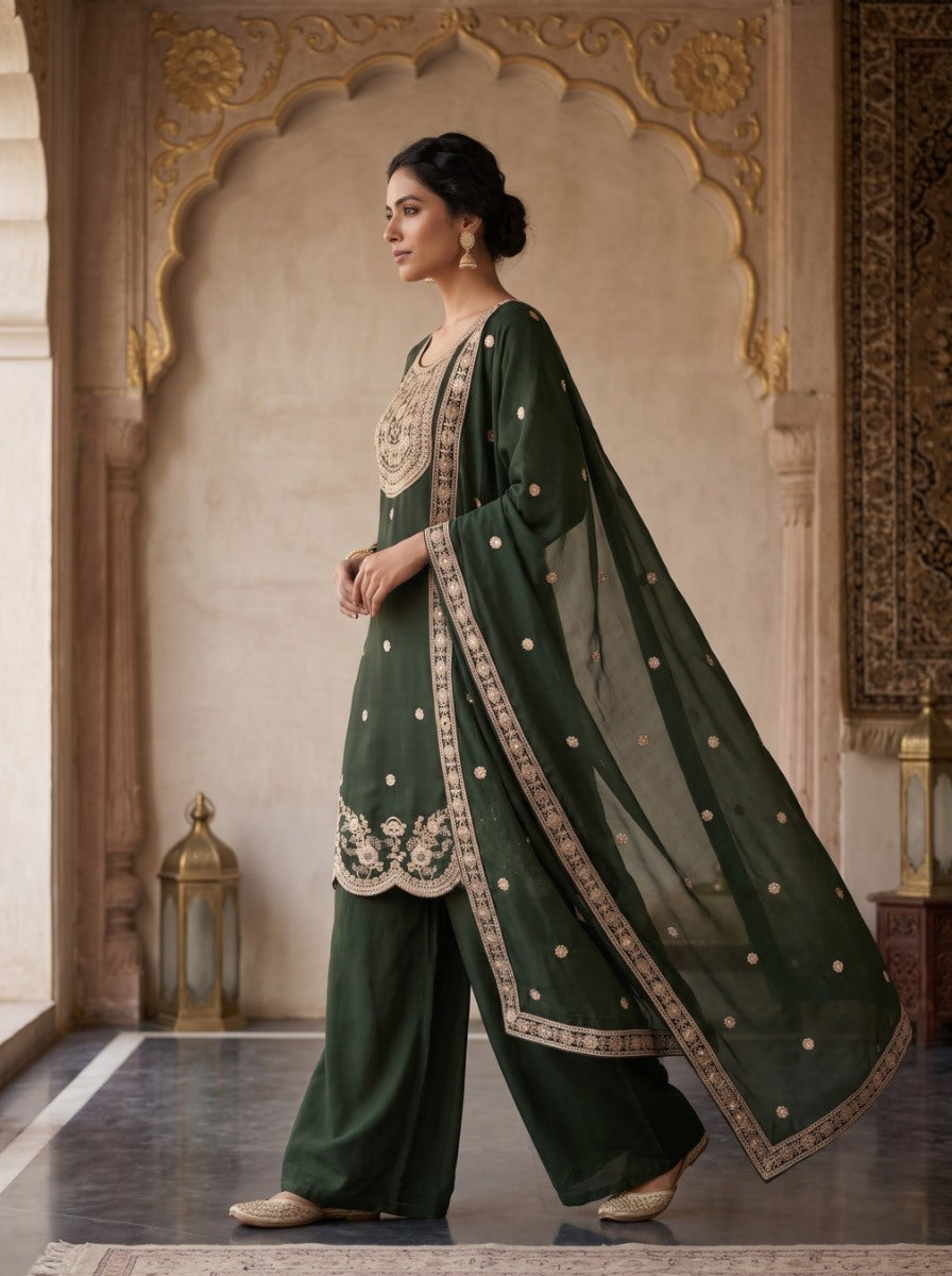Pure Silk Kurta with Plazo & Dupatta | Woomenza Indian Outfit