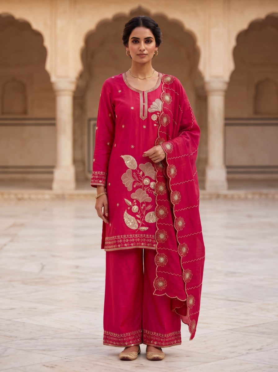 Pure Silk Kurta with Plazo & Dupatta | Woomenza Indian Outfit