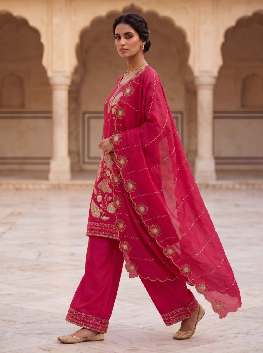 Pure Silk Kurta with Plazo & Dupatta | Woomenza Indian Outfit