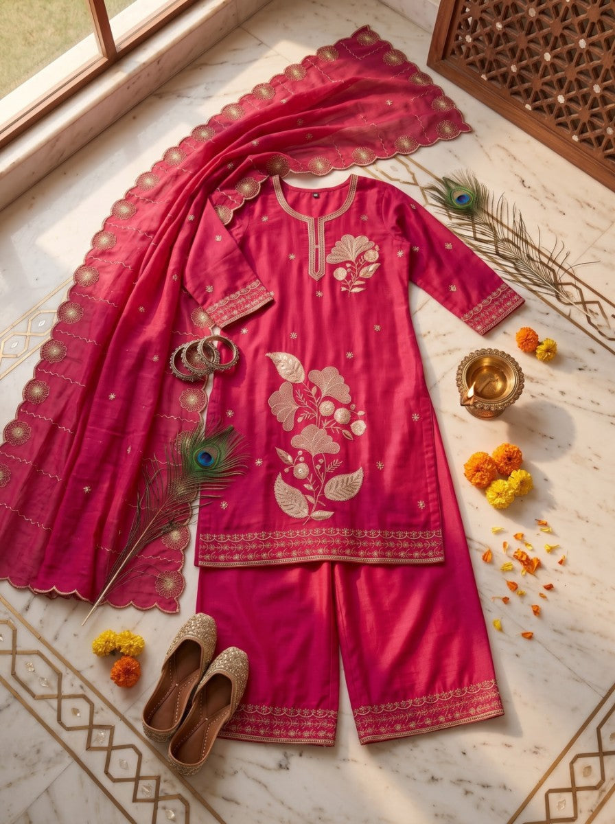 Pure Silk Kurta with Plazo & Dupatta | Woomenza Indian Outfit