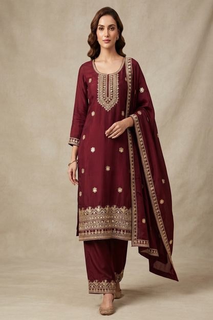 Pure Silk Kurta with Plazo & Dupatta | Woomenza Indian Outfit