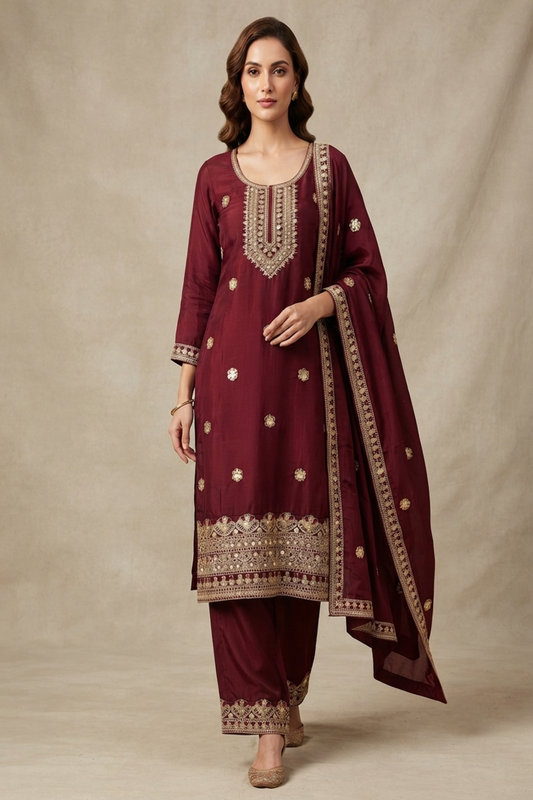Pure Silk Kurta with Plazo & Dupatta | Woomenza Indian Outfit
