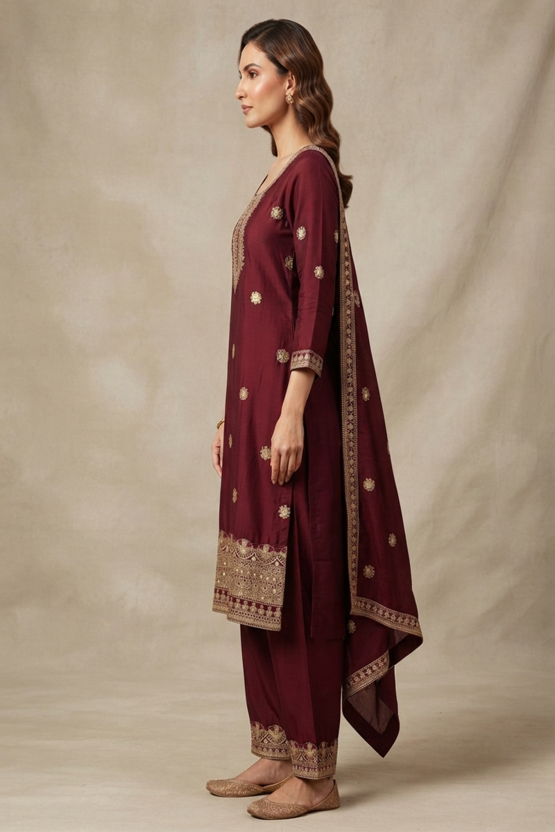 Pure Silk Kurta with Plazo & Dupatta | Woomenza Indian Outfit
