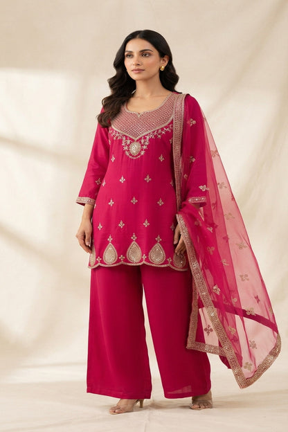 Pure Silk Kurta with Plazo & Dupatta | Woomenza Indian Outfit