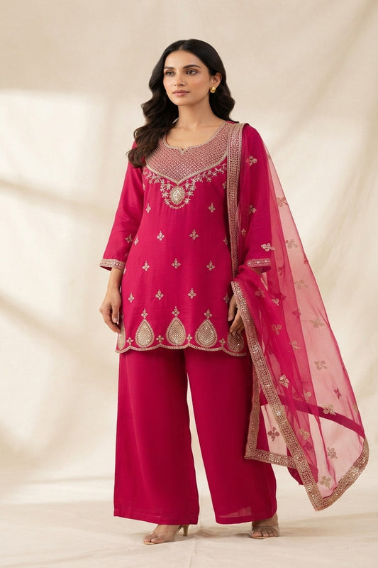 Pure Silk Kurta with Plazo & Dupatta | Woomenza Indian Outfit