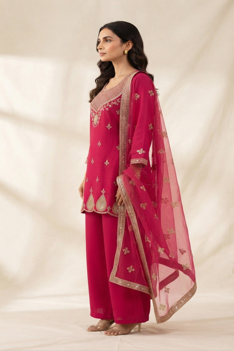 Pure Silk Kurta with Plazo & Dupatta | Woomenza Indian Outfit