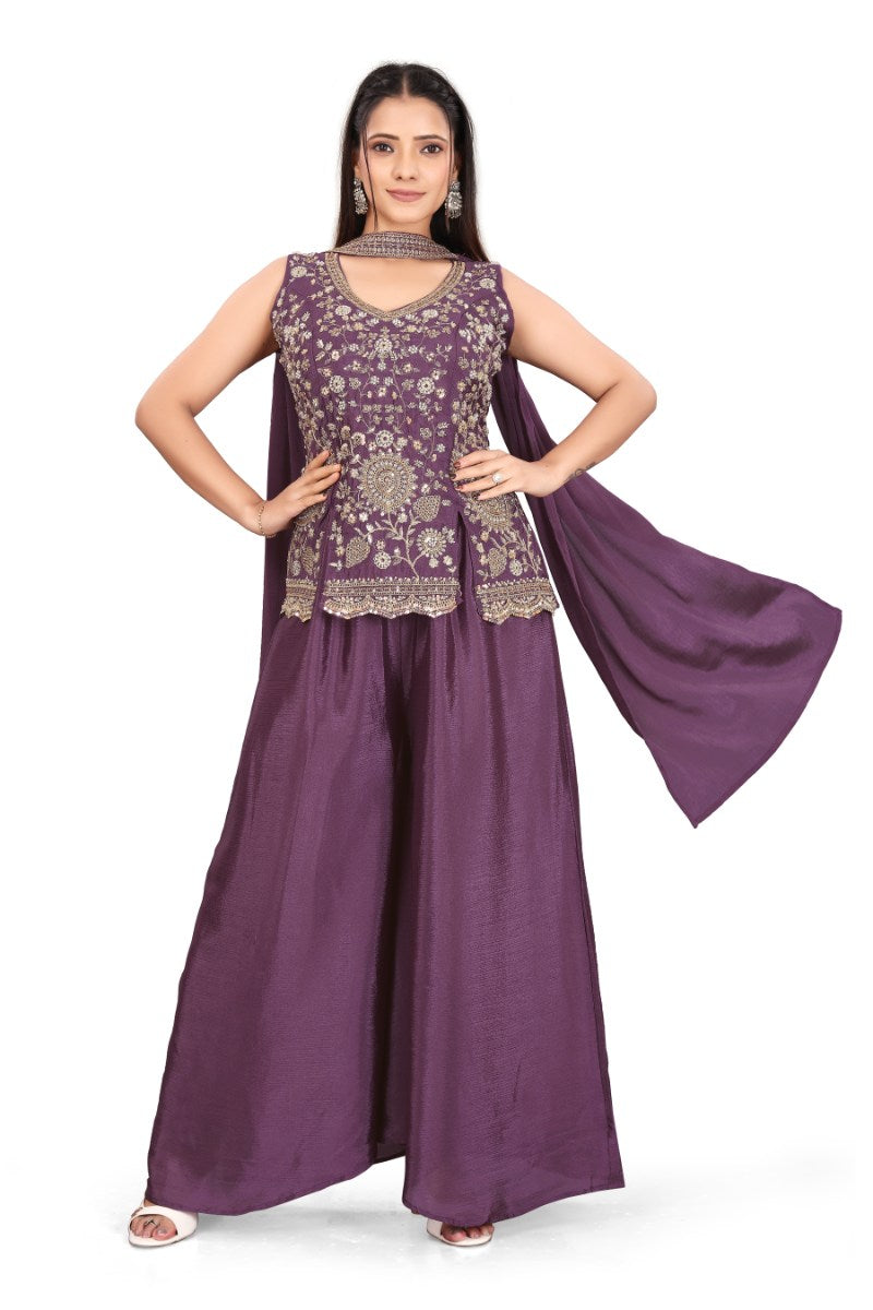 Elegant Women's Purple Festive Wear Sleeveless Peplum Top and Palazzos with Dupatta