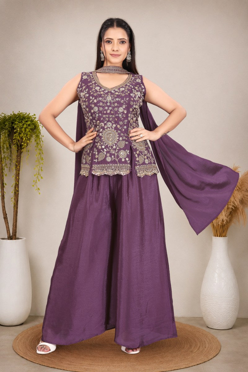 Elegant Women's Purple Festive Wear Sleeveless Peplum Top and Palazzos with Dupatta
