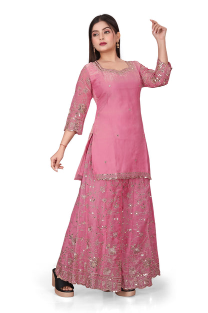 Pure Silk Kurta with Plazo & Dupatta | Woomenza Indian Outfit