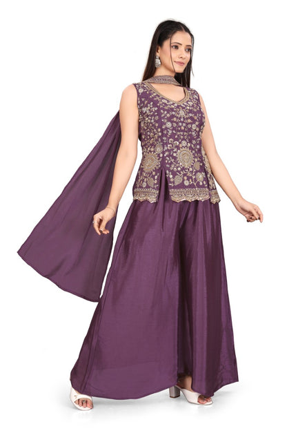 Elegant Women's Purple Festive Wear Sleeveless Peplum Top and Palazzos with Dupatta