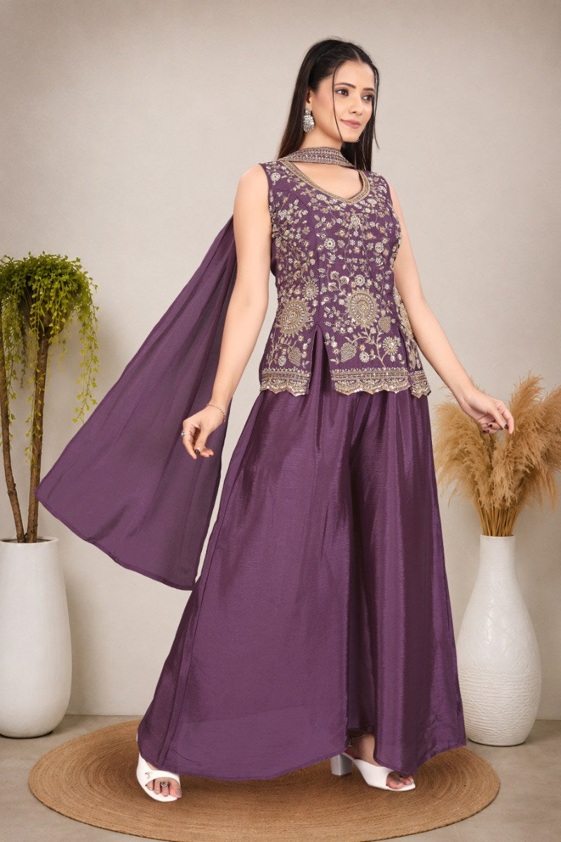 Elegant Women's Purple Festive Wear Sleeveless Peplum Top and Palazzos with Dupatta