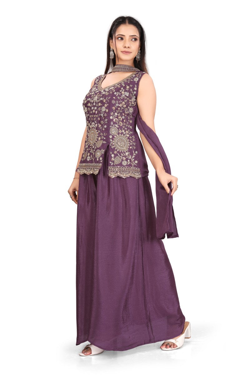 Elegant Women's Purple Festive Wear Sleeveless Peplum Top and Palazzos with Dupatta