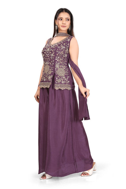 Elegant Women's Purple Festive Wear Sleeveless Peplum Top and Palazzos with Dupatta