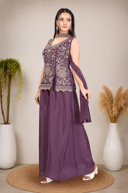 Elegant Women's Purple Festive Wear Sleeveless Peplum Top and Palazzos with Dupatta