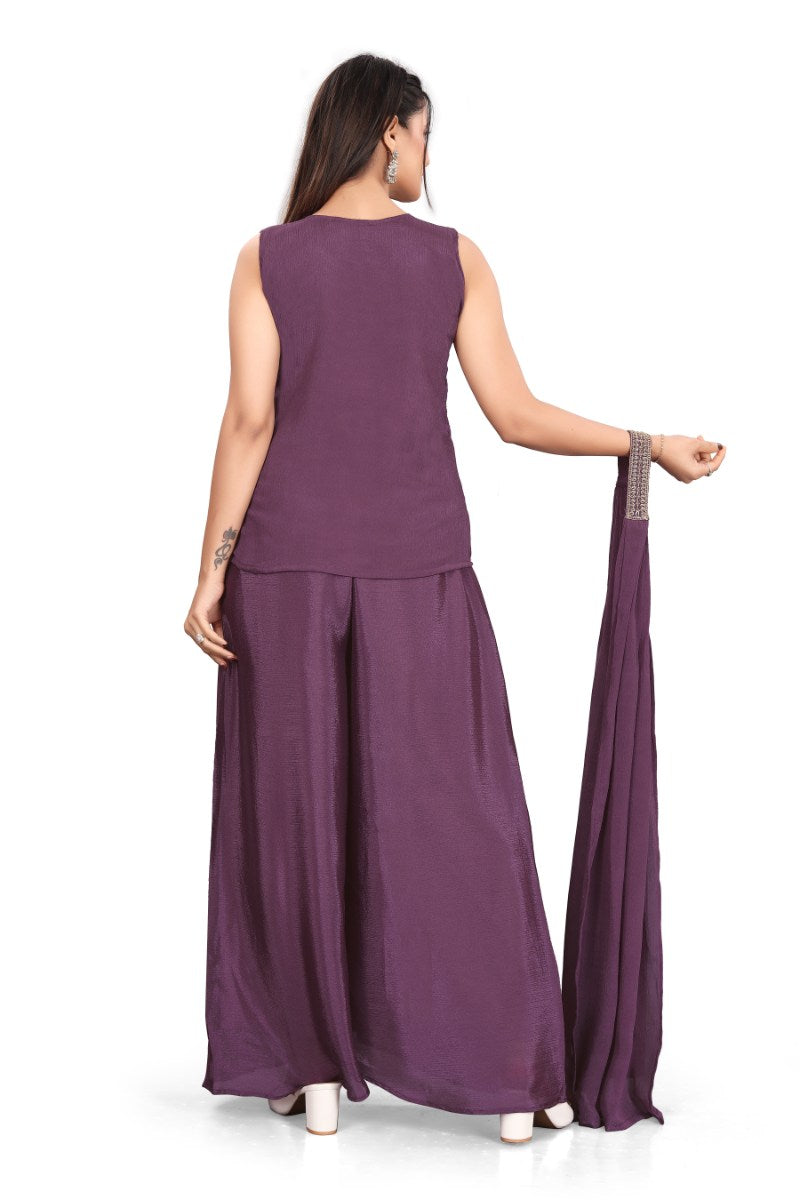 Elegant Women's Purple Festive Wear Sleeveless Peplum Top and Palazzos with Dupatta
