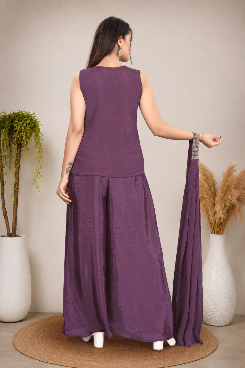 Elegant Women's Purple Festive Wear Sleeveless Peplum Top and Palazzos with Dupatta