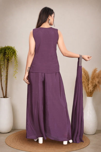 Elegant Women's Purple Festive Wear Sleeveless Peplum Top and Palazzos with Dupatta