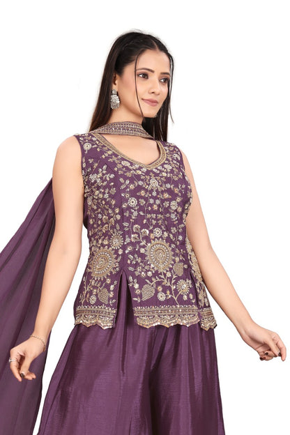 Elegant Women's Purple Festive Wear Sleeveless Peplum Top and Palazzos with Dupatta