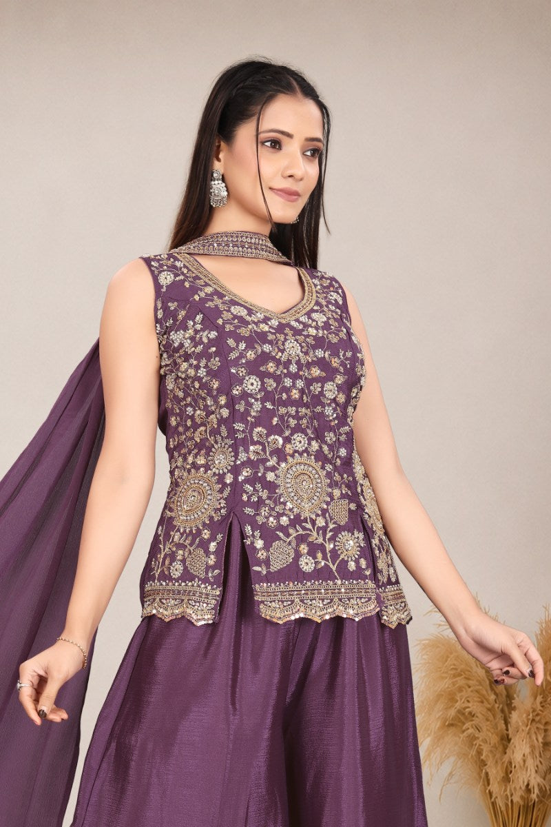 Elegant Women's Purple Festive Wear Sleeveless Peplum Top and Palazzos with Dupatta