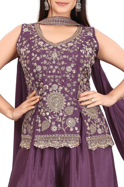Elegant Women's Purple Festive Wear Sleeveless Peplum Top and Palazzos with Dupatta