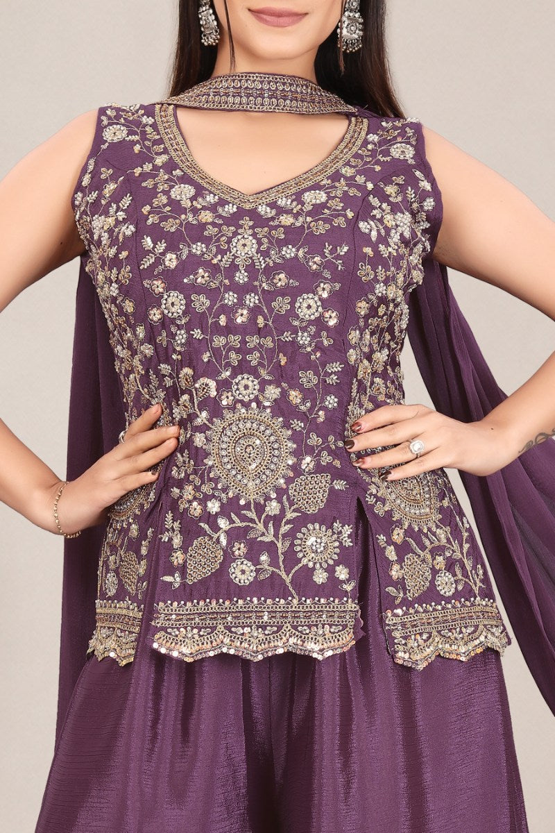 Elegant Women's Purple Festive Wear Sleeveless Peplum Top and Palazzos with Dupatta