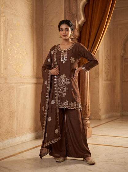 Pure Silk Kurta with Plazo & Dupatta | Woomenza Indian Outfit