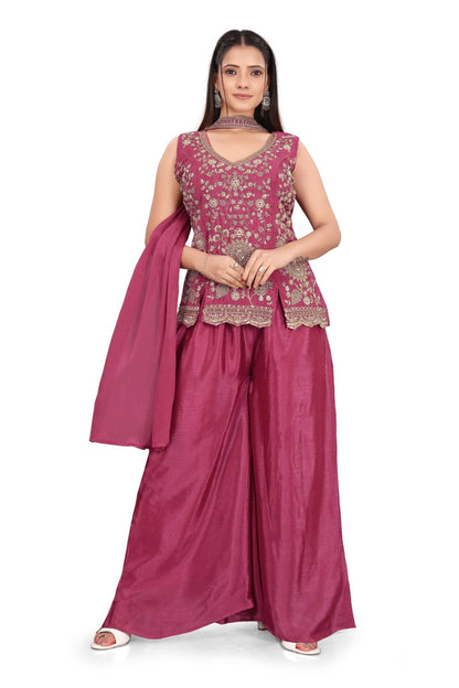 Women's Magenta Heavy hand work with Embroidered work  Peplum Top with Palazzo and Dupatta Set
