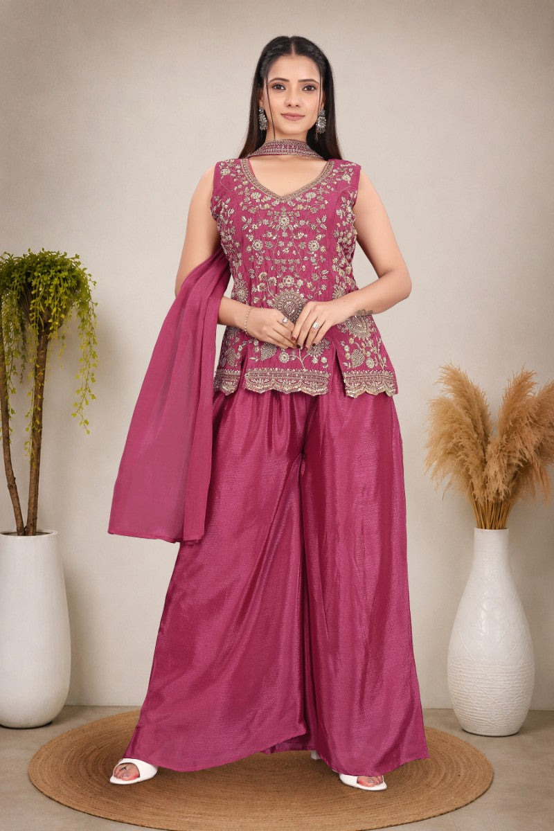 Women's Magenta Heavy hand work with Embroidered work  Peplum Top with Palazzo and Dupatta Set