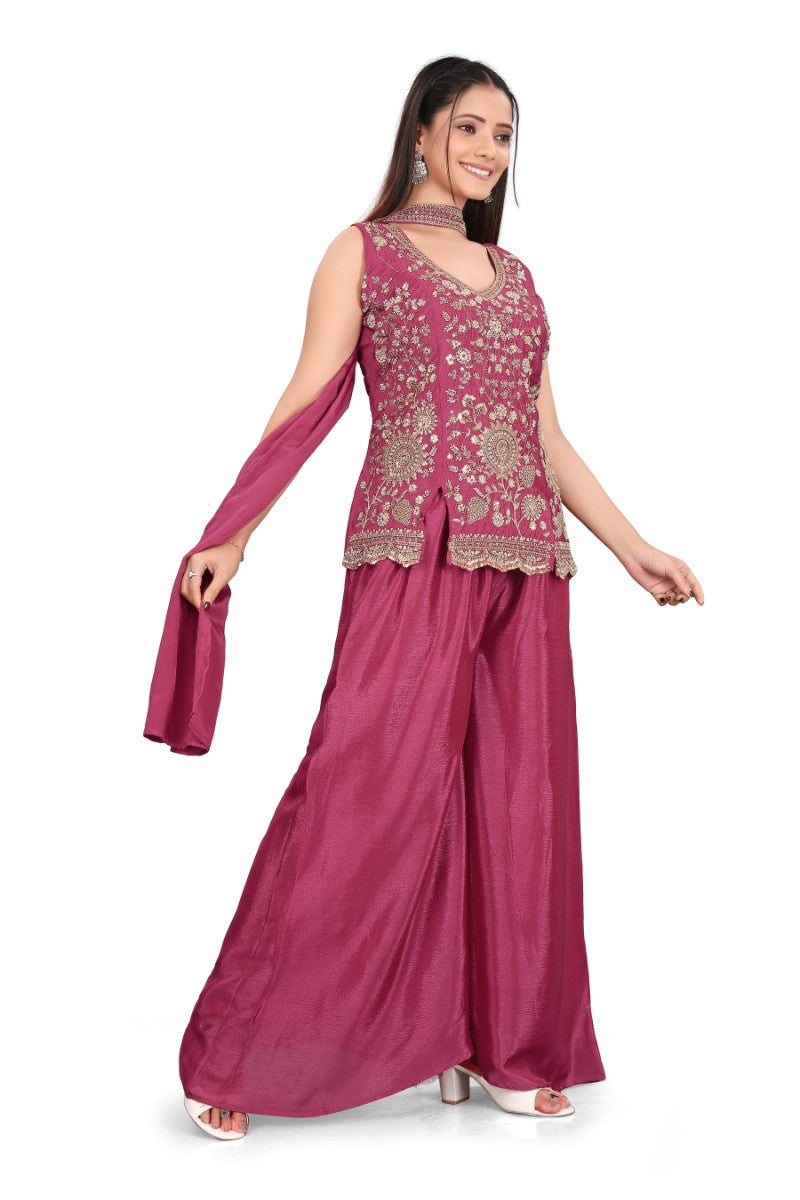 Women's Magenta Heavy hand work with Embroidered work  Peplum Top with Palazzo and Dupatta Set