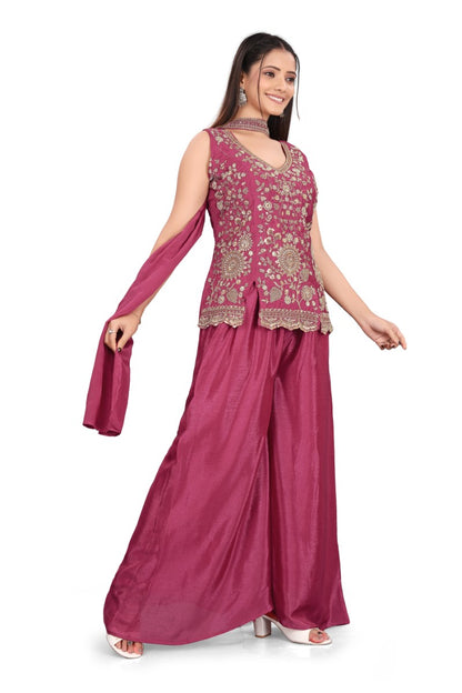 Women's Magenta Heavy hand work with Embroidered work  Peplum Top with Palazzo and Dupatta Set