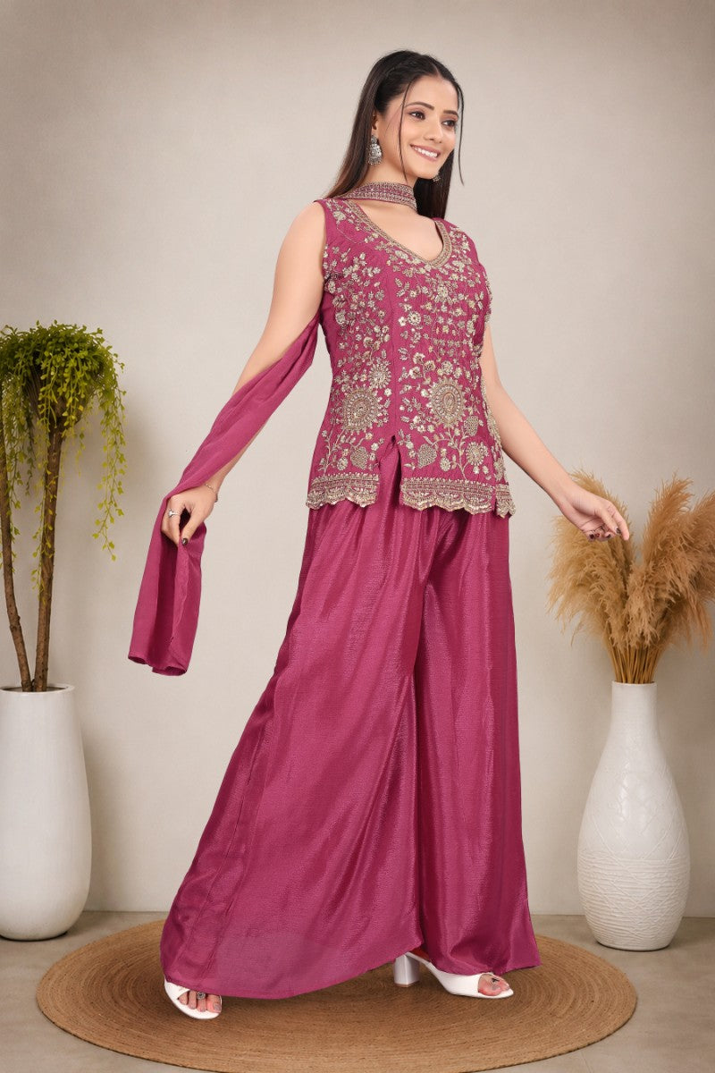 Women's Magenta Heavy hand work with Embroidered work  Peplum Top with Palazzo and Dupatta Set
