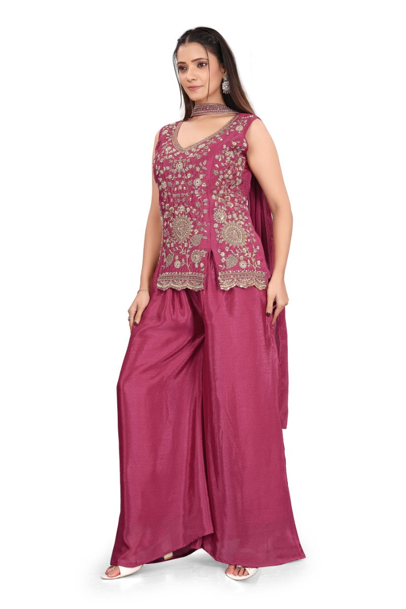 Women's Magenta Heavy hand work with Embroidered work  Peplum Top with Palazzo and Dupatta Set