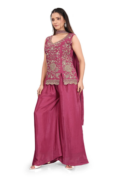 Women's Magenta Heavy hand work with Embroidered work  Peplum Top with Palazzo and Dupatta Set