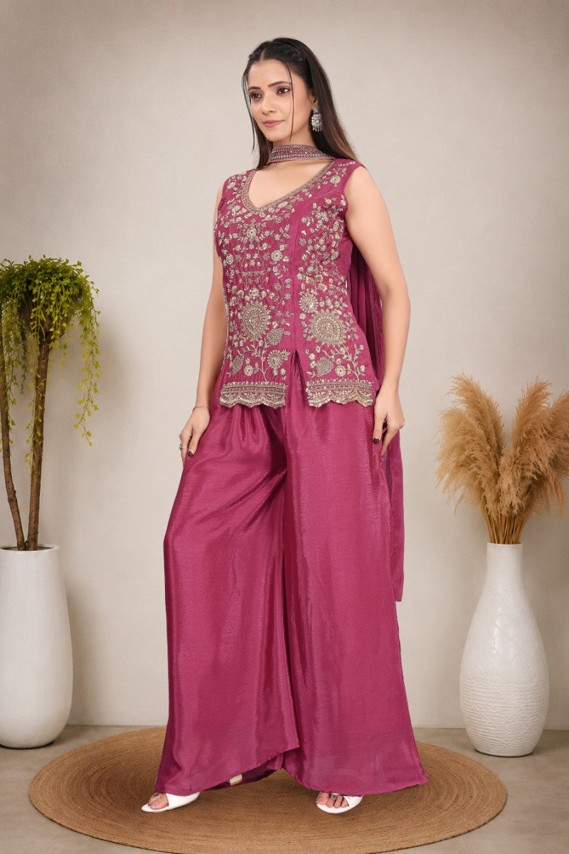Women's Magenta Heavy hand work with Embroidered work  Peplum Top with Palazzo and Dupatta Set