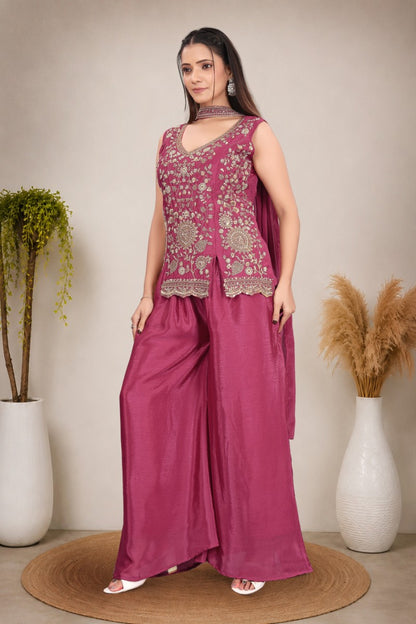 Women's Magenta Heavy hand work with Embroidered work  Peplum Top with Palazzo and Dupatta Set