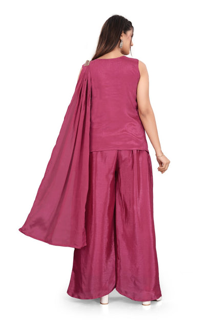 Women's Magenta Heavy hand work with Embroidered work  Peplum Top with Palazzo and Dupatta Set