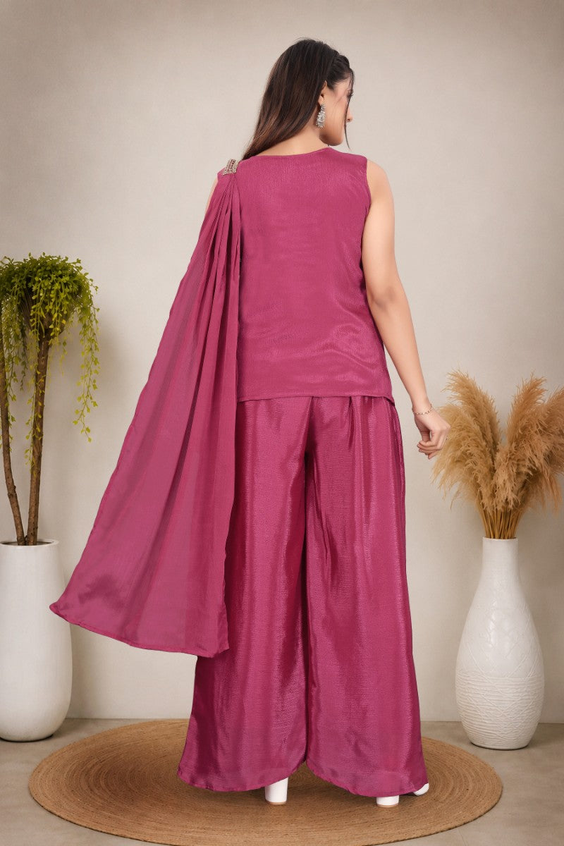 Women's Magenta Heavy hand work with Embroidered work  Peplum Top with Palazzo and Dupatta Set