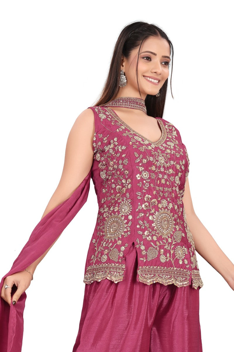 Women's Magenta Heavy hand work with Embroidered work  Peplum Top with Palazzo and Dupatta Set
