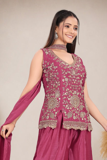 Women's Magenta Heavy hand work with Embroidered work  Peplum Top with Palazzo and Dupatta Set