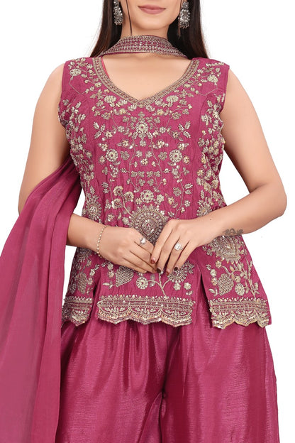 Women's Magenta Heavy hand work with Embroidered work  Peplum Top with Palazzo and Dupatta Set