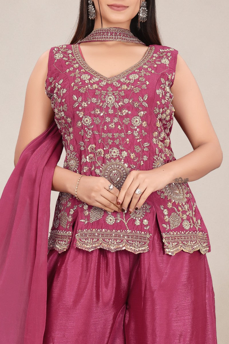Women's Magenta Heavy hand work with Embroidered work  Peplum Top with Palazzo and Dupatta Set