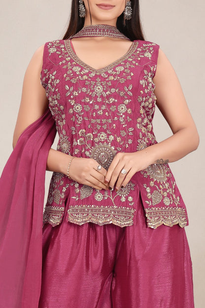 Women's Magenta Heavy hand work with Embroidered work  Peplum Top with Palazzo and Dupatta Set