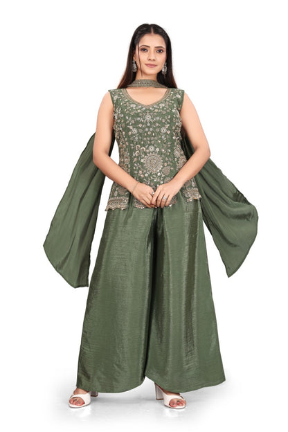 Olive Green hand work with  Embroidered work Sleeveless Peplum Top with Matching Palazzo Pants and Draped Dupatta