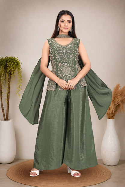 Olive Green hand work with  Embroidered work Sleeveless Peplum Top with Matching Palazzo Pants and Draped Dupatta
